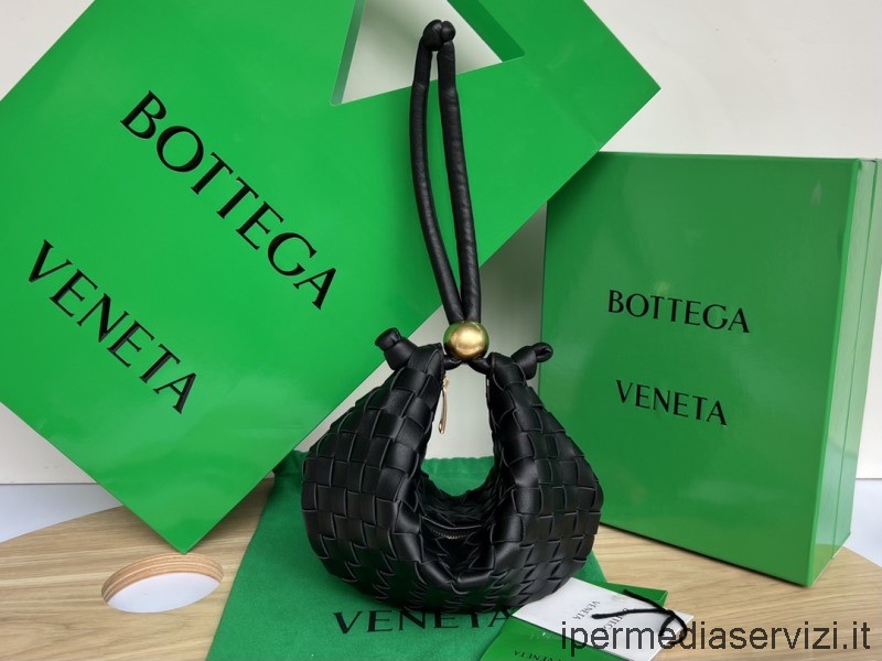 ρεπλίκα Bottega Veneta Turn μικρό μαύρο Intrecciato δερμάτινο πουγκί με ρυθμιζόμενο λουράκι 29x3x19cm