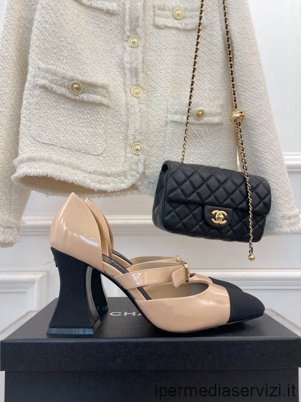 ρεπλίκα Chanel 2022 Slingback Pumps ανοιχτά παπούτσια σε μπεζ γυαλιστερό δέρμα μοσχαριού 85mm 35 έως 41
