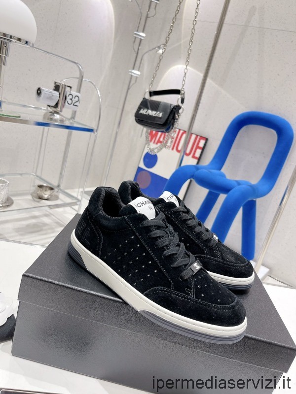 ρεπλίκα Chanel 2022 λογότυπο μαύρο δέρμα σουέτ και δικτυωτό χαμηλό επάνω μέρος αθλητικά παπούτσια 35 έως 40