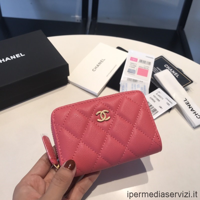 ρεπλίκα Chanel κλασικό φερμουάρ γύρω από πορτοφόλι θήκης για κερματοδέκτη από δέρμα ροζ κόκκινο χαβιάρι A69271 11x7cm
