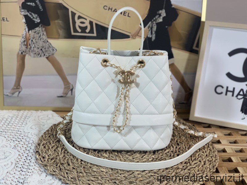 ρεπλίκα Chanel λευκό χαβιάρι μοσχαριού δέρμα με κορδόνι τσάντα κουβά As0894 20x15x19cm