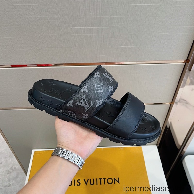 ρεπλίκα Louis Vuitton ανδρικό μαύρο μονόγραμμα καμβάς και δερμάτινα πέδιλα Mule Slide 38 έως 45