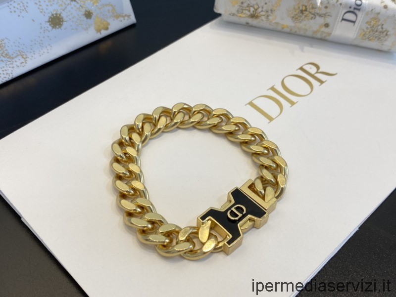 Βραχιόλι ρεπλίκα Dior 30 Montaigne με χρυσή αλυσίδα με μαύρη λάκα
