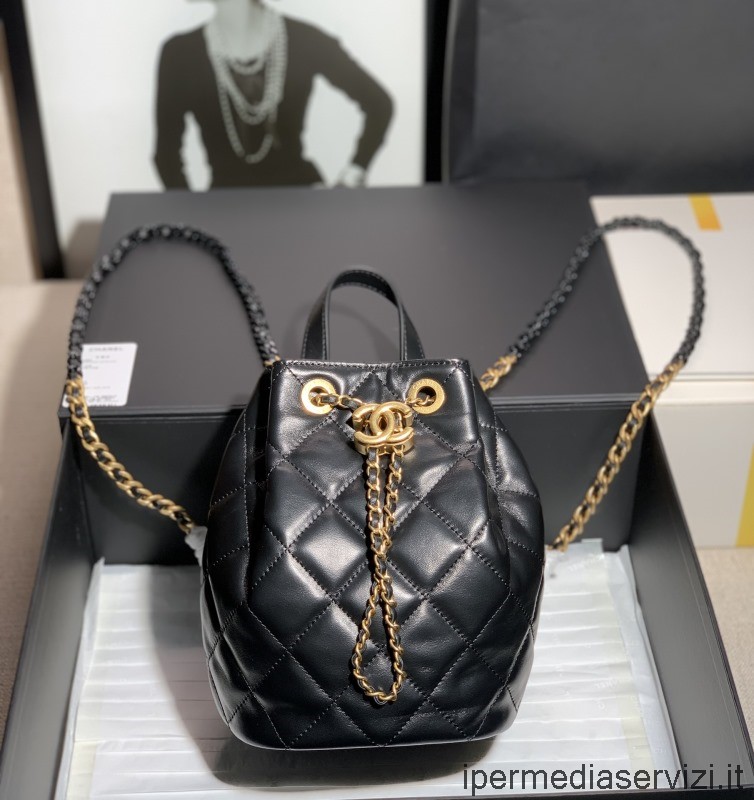 Ρεπλίκα Chanel μαύρο δέρμα αρνιού τσάντα πλάτης με κορδόνι 13x19cm