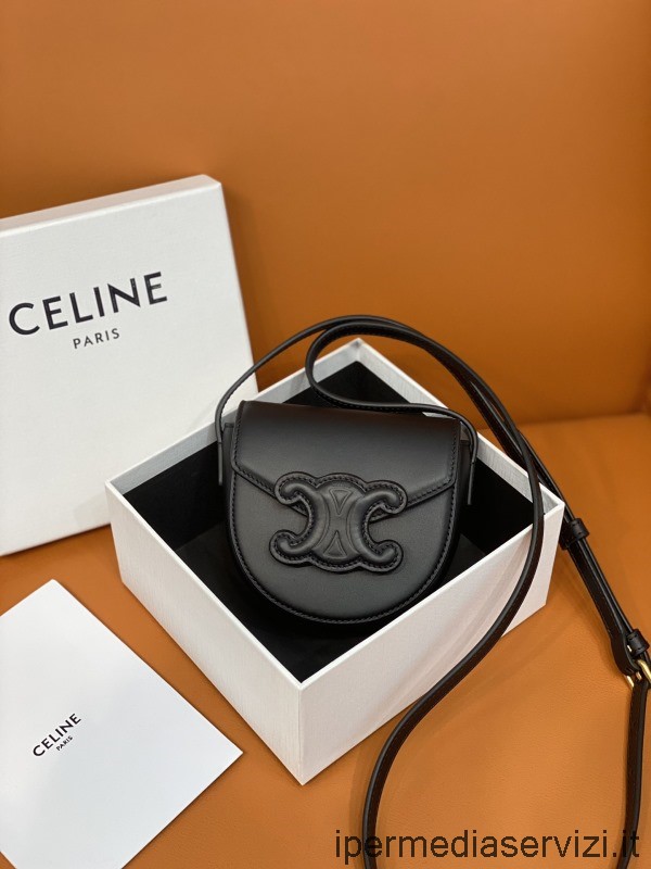 ρεπλίκα Celine Mini Besace Cuir Triomphe χιαστί τσάντα ώμου σε μαύρο λείο δέρμα μοσχαριού 11x10x5cm