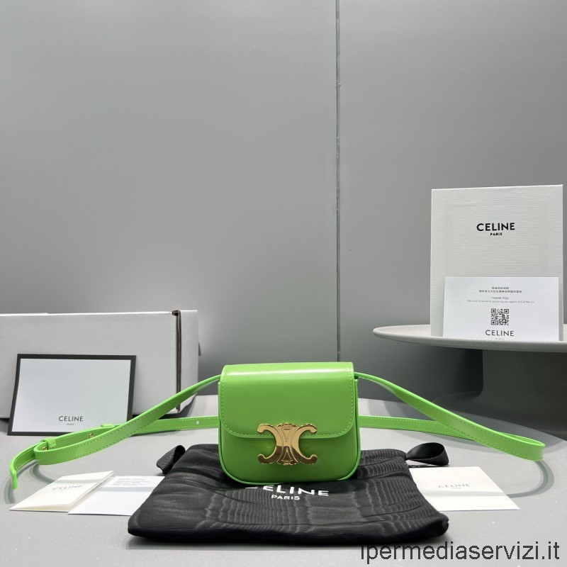 ρεπλίκα Celine Mini Triomphe τσάντα χιαστί ώμου σε πράσινο γυαλιστερό δέρμα μοσχαριού 10i512 60387 11x8x4cm