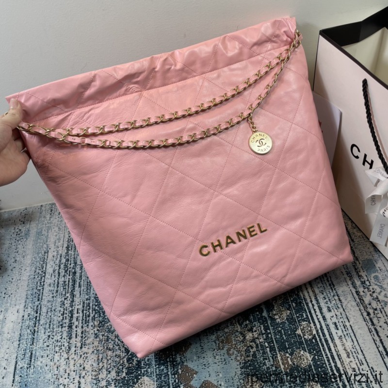 ρεπλίκα Chanel 22 μεγάλη τσάντα σε ροζ γυαλιστερό δέρμα μοσχαριού As3262 48x45x10cm