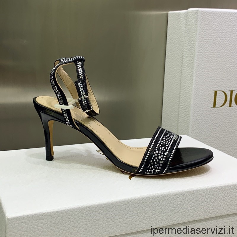 Replica Dior 2022 Dway πέδιλο με τακούνι από μαύρο βαμβάκι κεντημένο με μεταλλική κλωστή και στρας 75mm 35 έως 44