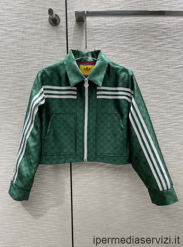 Replica Adidas X Gucci Jacquard Jacket σε πράσινο Gg τρίφυλλο ζακάρ Sml