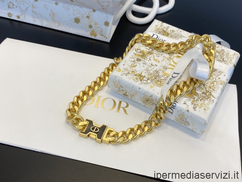 Replica Dior 30 Montaigne χρυσή αλυσίδα κολιέ με μαύρη λάκα