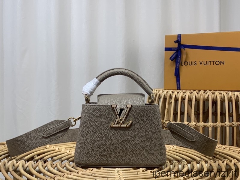 Ρεπλίκα Louis Vuitton Capucines μίνι τσάντα χιαστί ώμου με υπογραφή Lv σε γκρι δέρμα Taurillon M59066 21x14x8cm