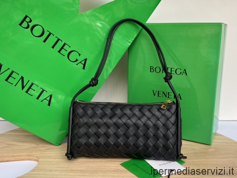 ρεπλίκα Bottega Veneta μαύρο μικρό Intrecciato δερμάτινο πουγκί σε λουράκι με λουράκι 26x13x13cm