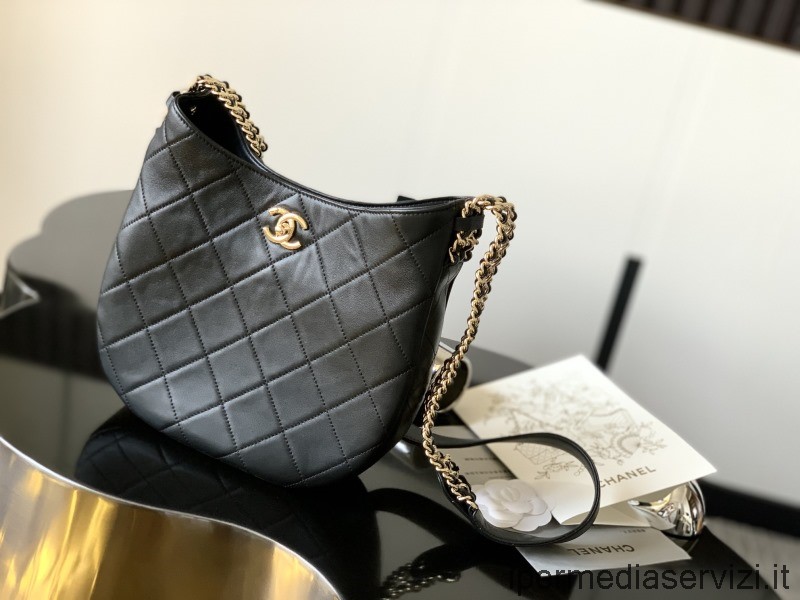 ρεπλίκα Chanel 2022 Hobo τσάντα με αλυσίδα σε μαύρο δέρμα αρνιού As3153 25x26x7cm