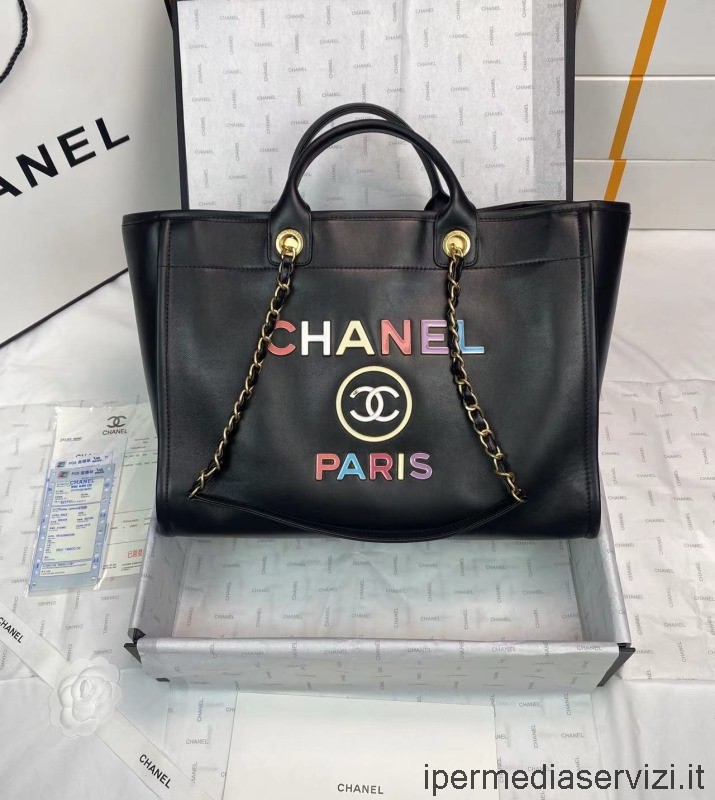 ρεπλίκα Chanel 2022 μαύρο δέρμα μοσχαριού παλαιωμένη μεγάλη τσάντα για ψώνια A66941 30x50x22cm
