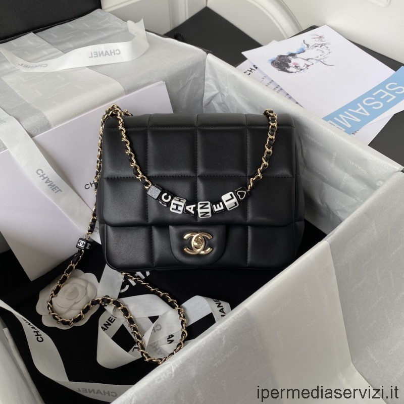 ρεπλίκα Chanel Mini Flap τσάντα με ζάρια σε μαύρο καπιτονέ δέρμα ως3331 19x16x7cm