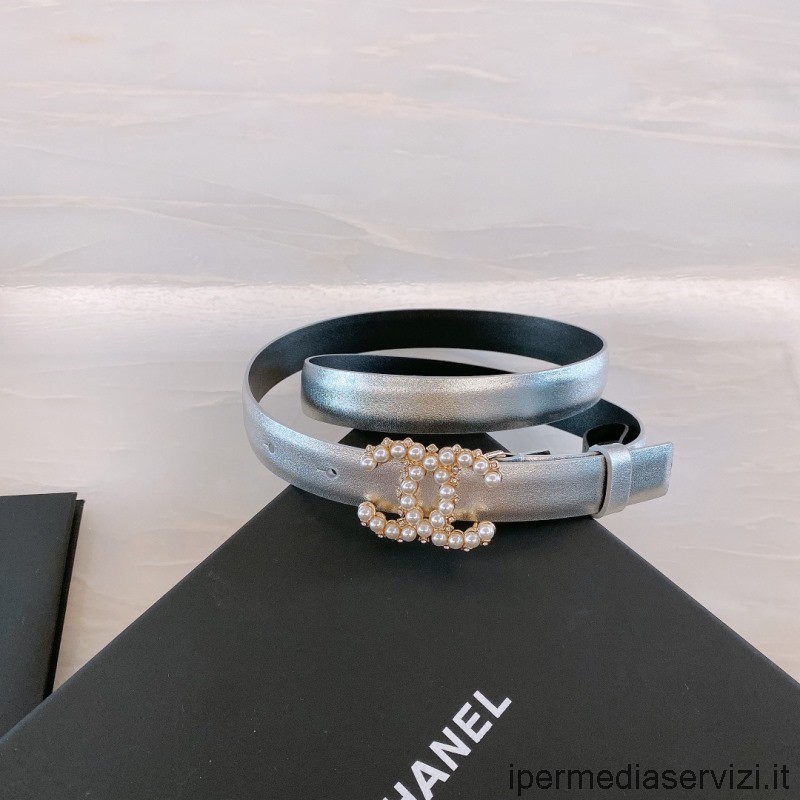 ρεπλίκα Chanel Pearls Cc Logo ασημί δερμάτινη ζώνη 20mm