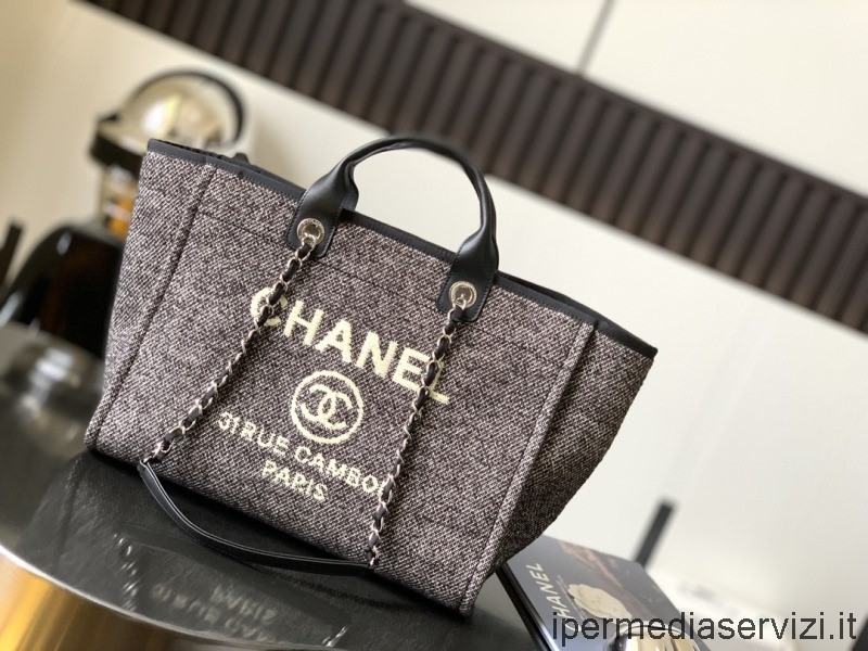 ρεπλίκα Chanel μεγάλη τσάντα για ψώνια με αλυσίδα από Ντοβίλ σε γκρι καμβά A66941 38x30x22 Cm