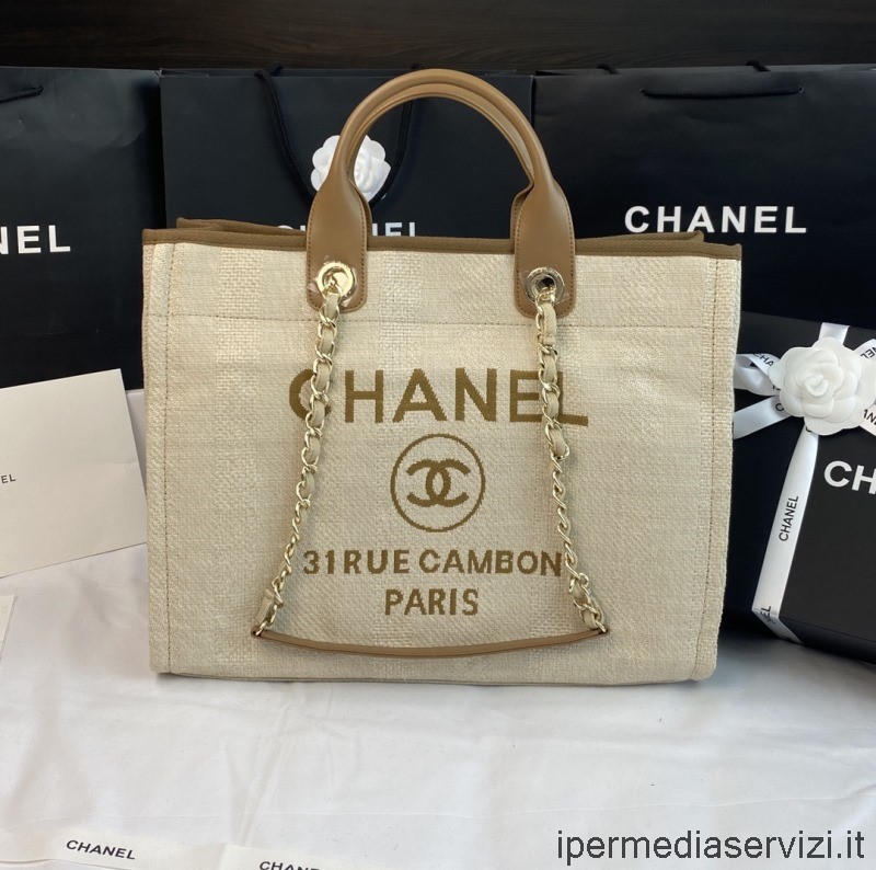 ρεπλίκα Chanel μεγάλη τσάντα ώμου με αλυσίδα για ψώνια Deauville σε μπεζ χρώμα A66941 38x32x18cm