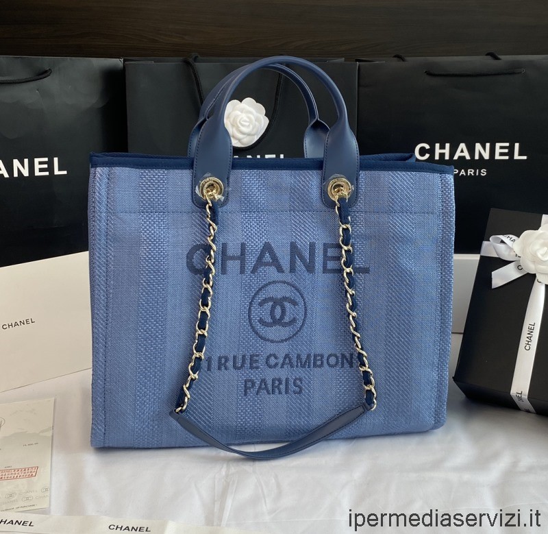 ρεπλίκα Chanel μεγάλη τσάντα ώμου με αλυσίδα για ψώνια Deauville σε μπλε χρώμα A66941 38x32x18cm