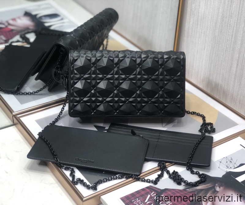 ρεπλίκα Dior 2022 πορτοφόλι σε αλυσίδα σε μαύρο Cannage δέρμα μοσχαριού με μοτίβο διαμαντιών 22 Cm
