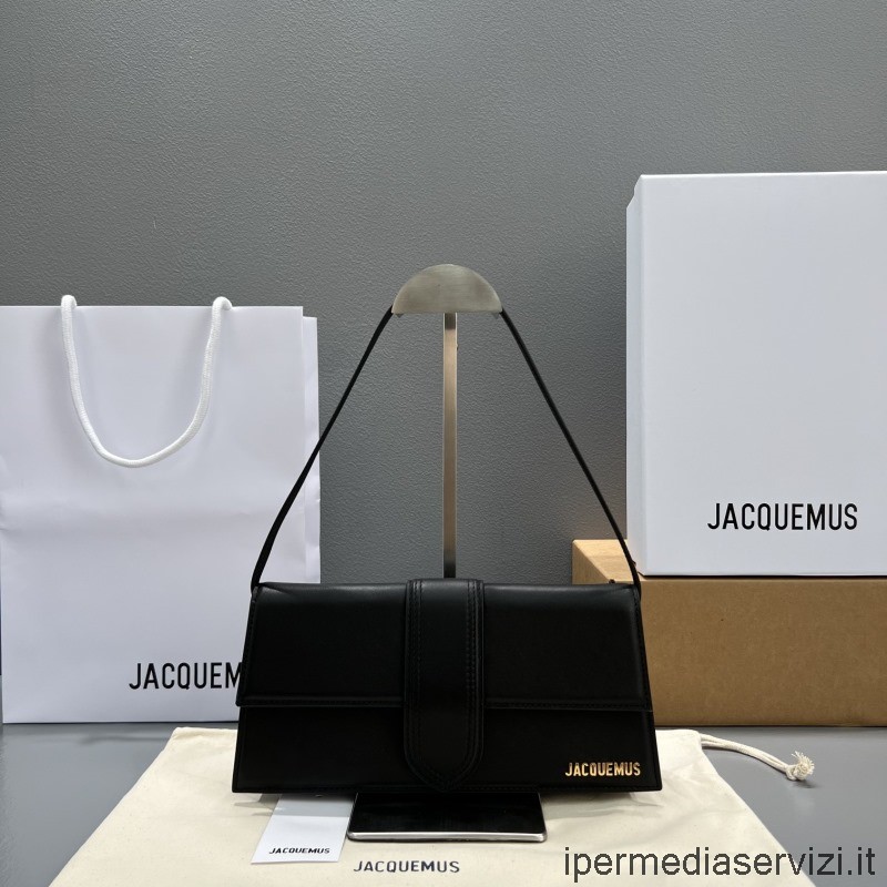 ρεπλίκα Jacquemus Le Bambinou Logo Plaque Tote Bag σε μαύρο δέρμα 28x13x6cm