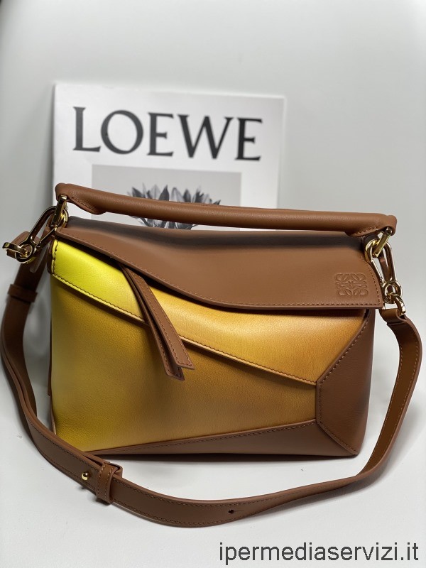 ρεπλίκα Loewe μικρό παζλ τσάντα ώμου σε κίτρινο καφέ δέρμα μοσχαριού 24x10x14 Cm