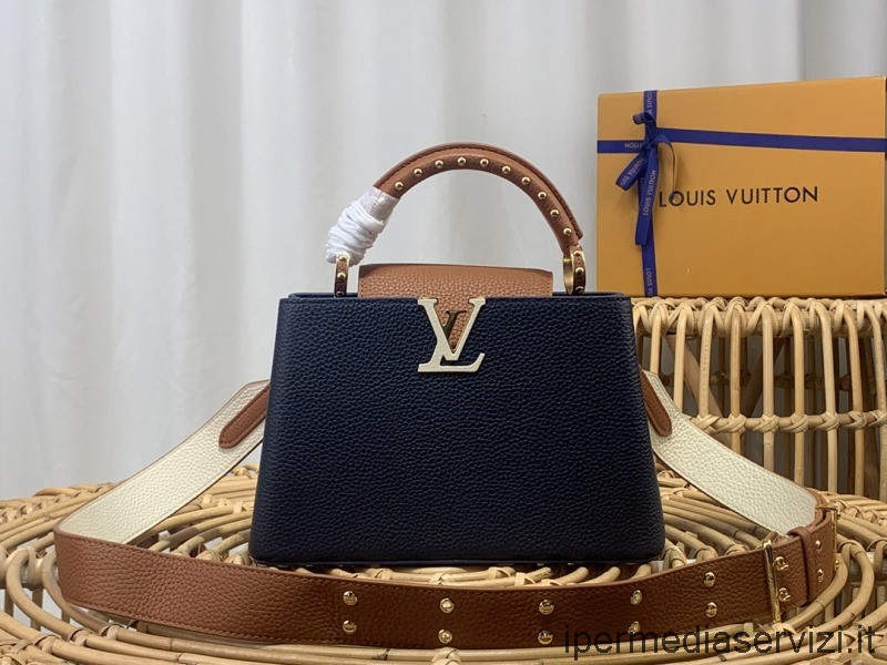 ρεπλίκα Louis Vuitton Capucines Bb Tote τσάντα ώμου με καρφιά σε μπλε καφέ δέρμα M58695 M48865 27x18x9cm