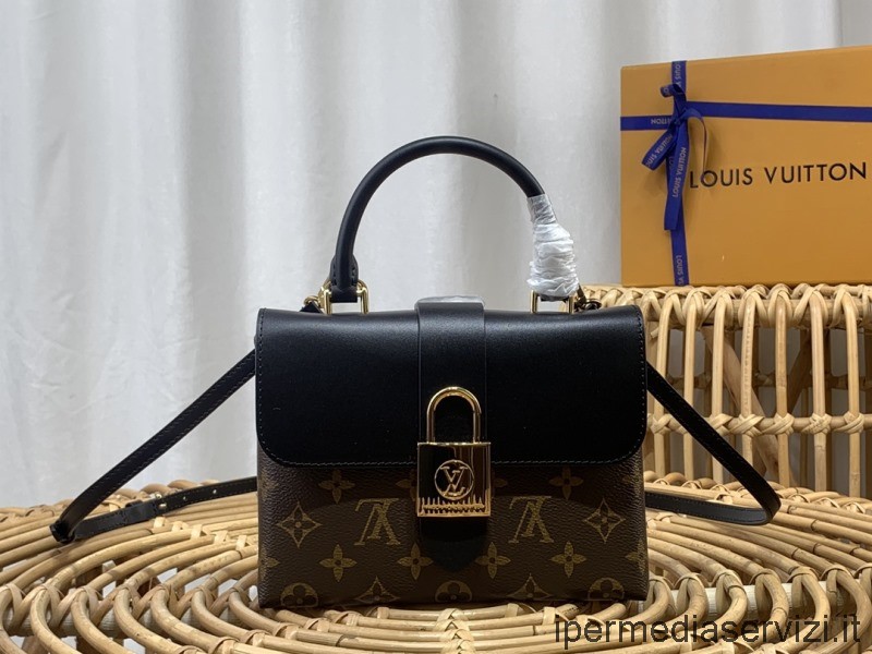 ρεπλίκα Louis Vuitton Locky Bb τσάντα ώμου χιαστί με λουκέτο σε μαύρο δέρμα και μονόγραμμα καμβά M44080 21x17x8cm