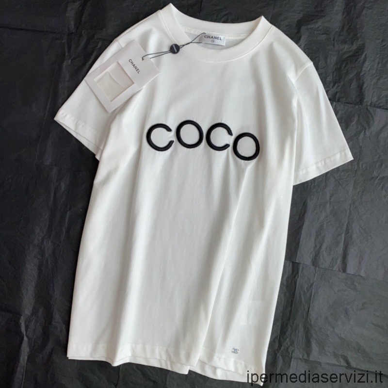ρεπλίκα Chanel 2022 Coco λευκό βαμβακερό μπλουζάκι Sml