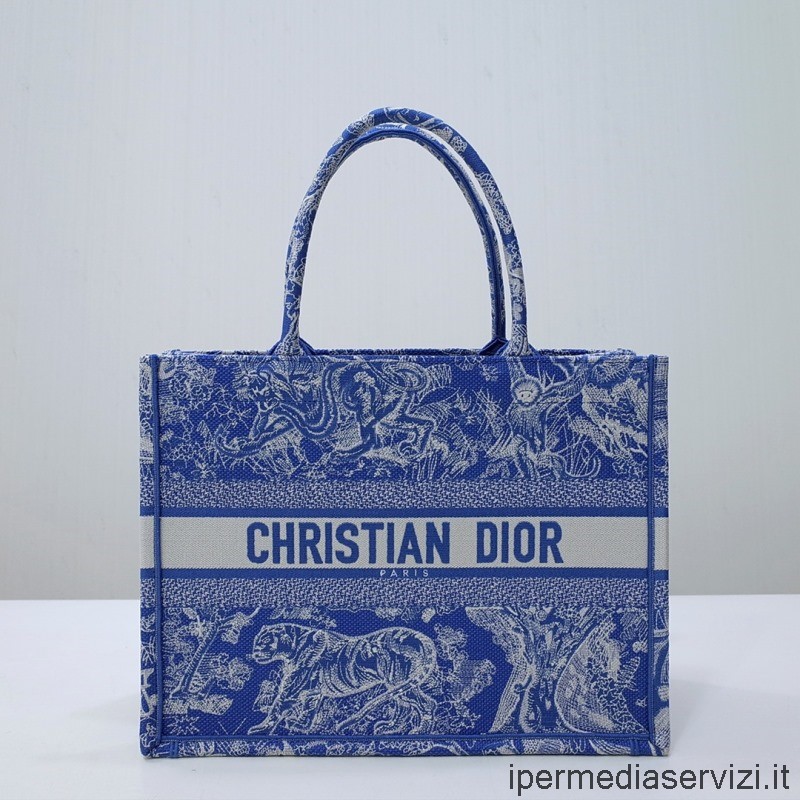 ρεπλίκα Dior μεσαίο Dior Book Tote τσάντα ώμου σε φωσφορίζον μπλε διάφανο καμβά Toile De Jouy 36x28x17 Cm