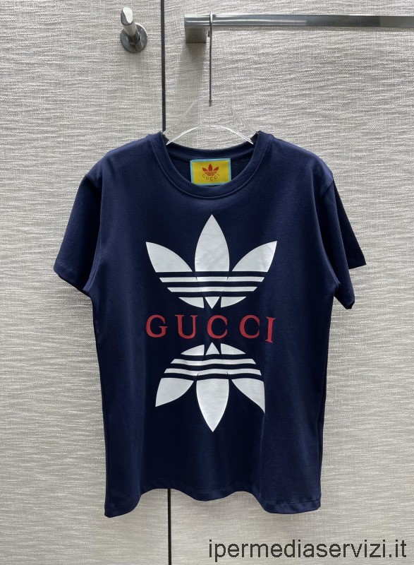 ρεπλίκα Gucci X Adidas μπλε βαμβακερό μπλουζάκι με λαιμόκοψη Sml