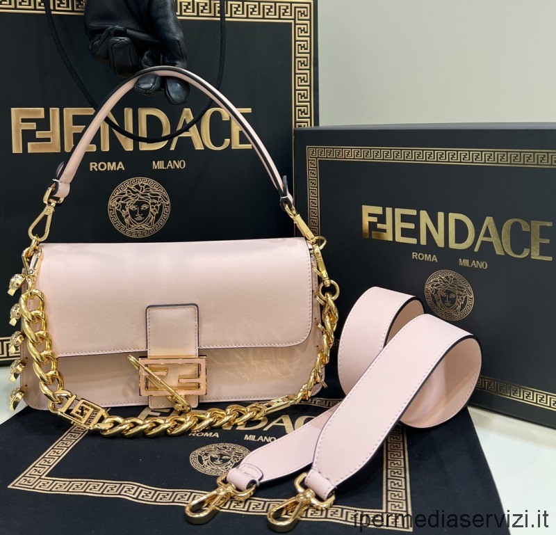 ρεπλίκα Fendi μεσαία μπαγκέτα καρφίτσα Fendace ροζ δερμάτινη τσάντα χιαστί ώμου 8563 28x15x7cm