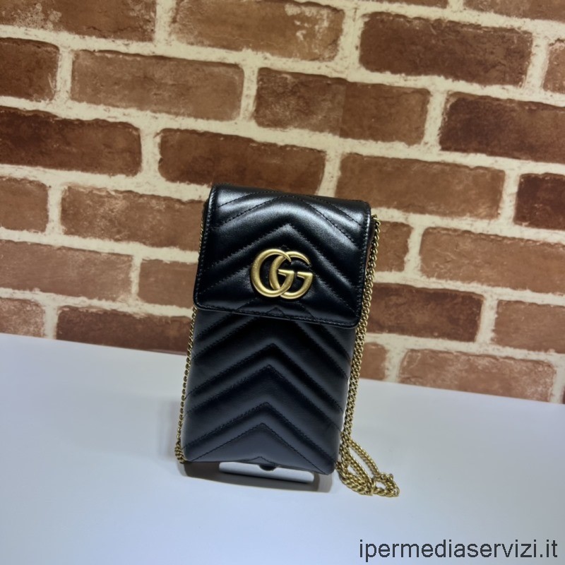 ρεπλίκα Gucci Gg Marmont Mini Chain τσάντα χιαστί σε μαύρο Chevron δέρμα Matelasse 672251 20x10x3cm