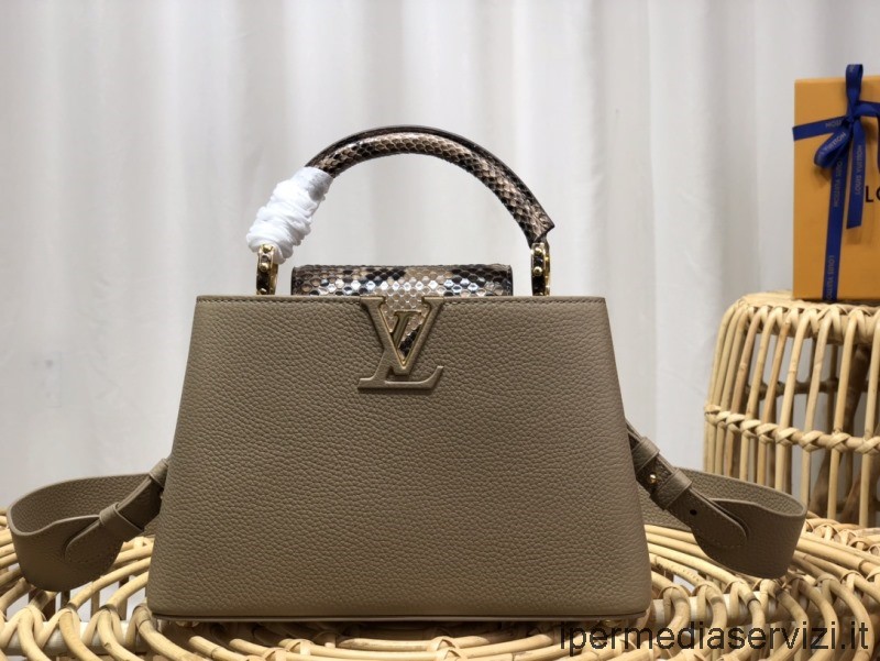 ρεπλίκα Louis Vuitton Capucines Bb Top Handle Flap τσάντα ώμου από γκρι δέρμα Taurillon και δέρμα πύθωνα N80741 27x18x9cm