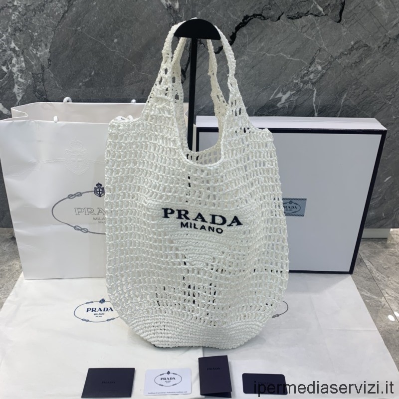ρεπλίκα Prada λευκή μαλακή Raffia μεγάλη Tote Bag με κεντημένα γράμματα Prada Logo 1bg424 44x42cm