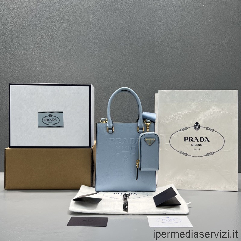 ρεπλίκα Prada μικρή τσάντα ώμου από δέρμα Saffiano με πουγκί σε γαλάζιο 1ba333 19x17x6cm