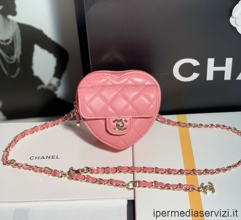 Replica Chanel Heart Clutch με αλυσίδα σε ροζ δέρμα αρνιού Ap2784 11x12x5cm