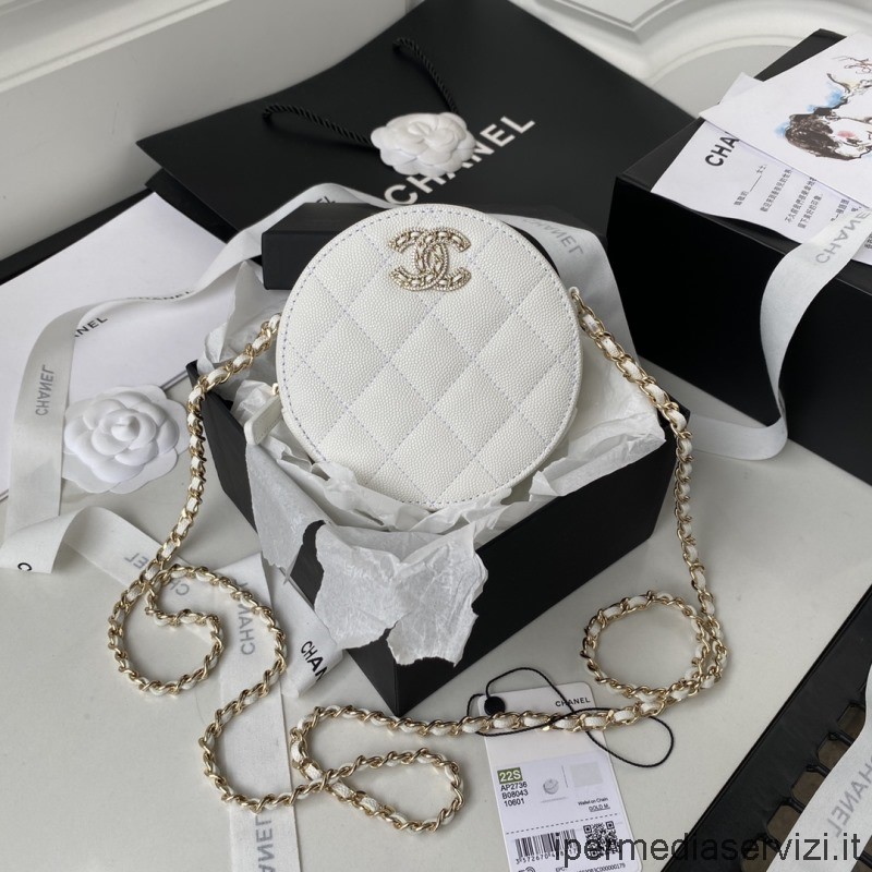 Replica Chanel κρύσταλλα Cc στρογγυλό συμπλέκτη κυκλικό με αλυσίδα τσάντα χιαστί σε λευκό δέρμα Ap2736 12x12x4cm