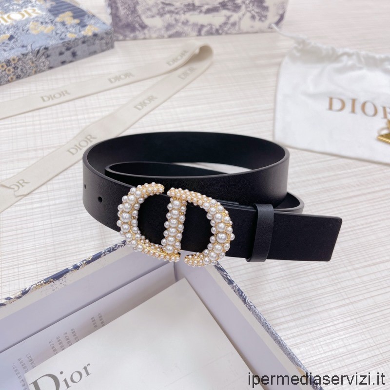 Replica Dior 30 Montaigne Pearls Cd μαύρη δερμάτινη ζώνη 30mm