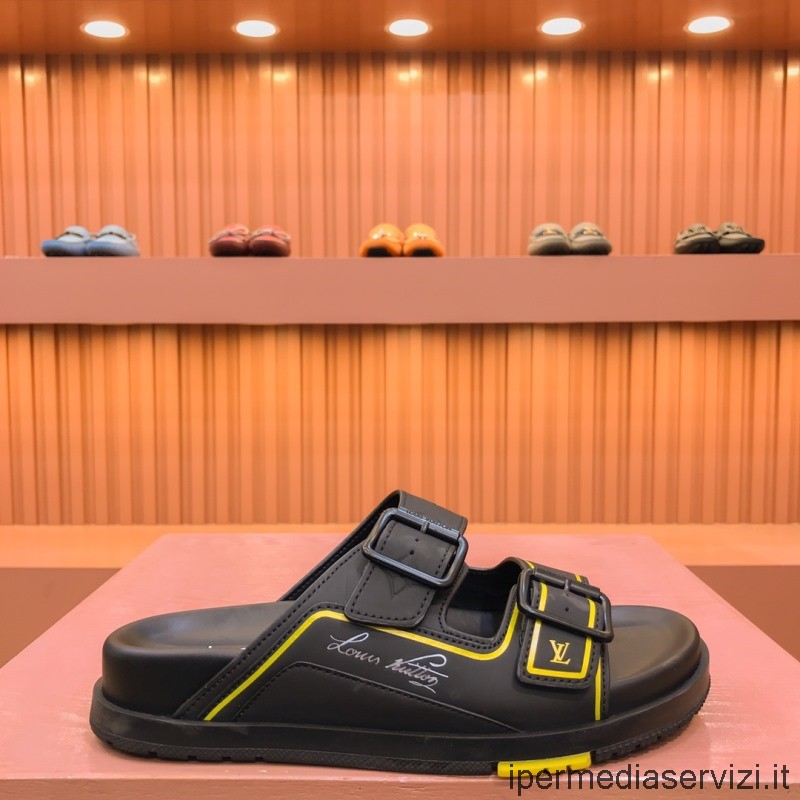 Replica Louis Vuitton Cult Lv Trainer Flat Mule πέδιλο σε μαύρο δέρμα μοσχαριού 38 έως 44