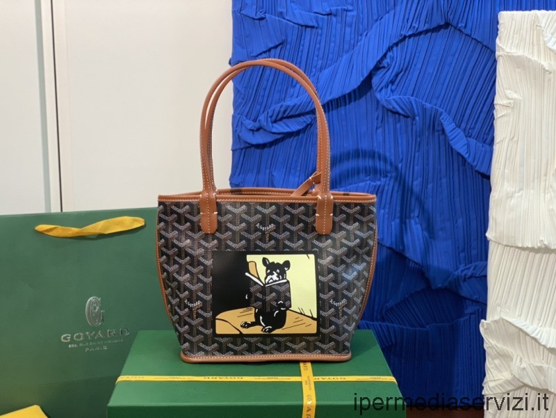 Ρεπλίκα Goyard Anjou Mini Tote Bag σε καφέ καμβά Goyardine και δέρμα 20x20x10cm