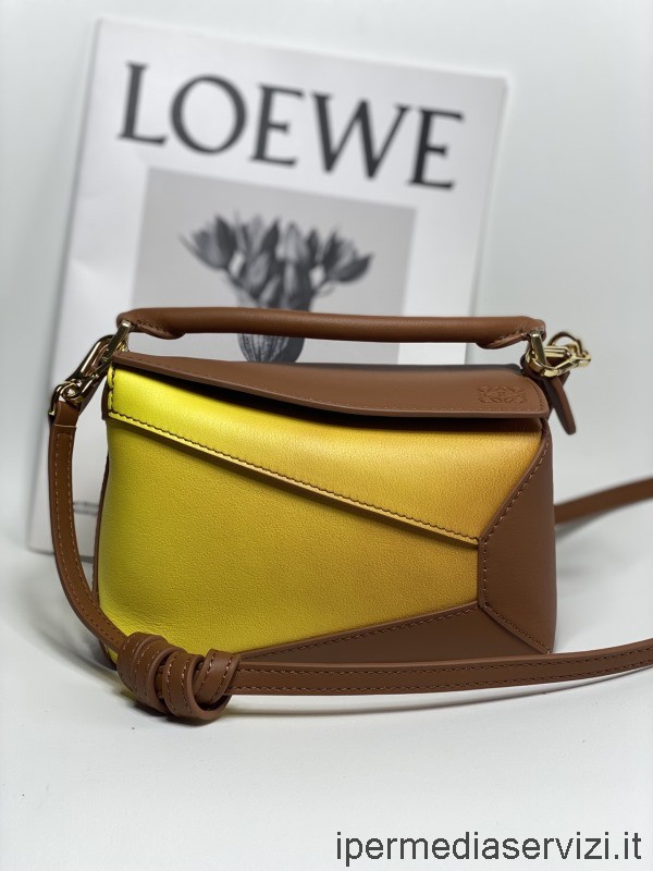 Ρεπλίκα Loewe μίνι παζλ τσάντα ώμου σε κίτρινο καφέ δέρμα μοσχαριού 18x12x8cm