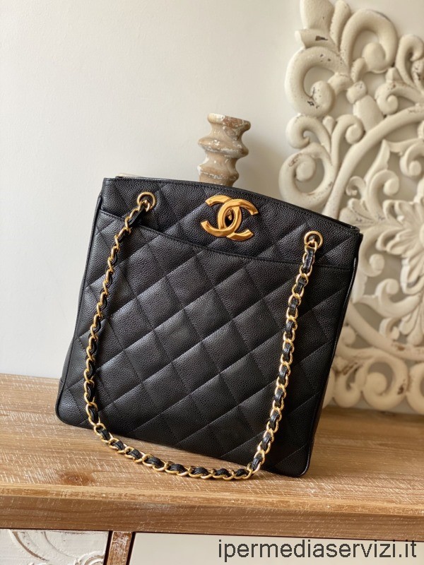 ρεπλίκα Chanel Vintage τσάντα αγορών με λογότυπο μεσαίου Cc σε μαύρο δέρμα χαβιαριού 28x9x30cm