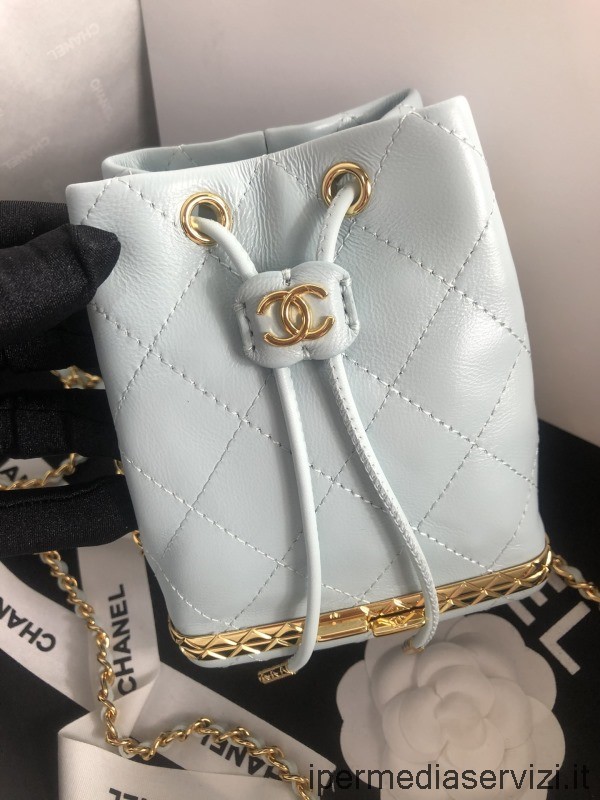 ρεπλίκα Chanel γαλάζιο δέρμα αρνιού μικρό Bucket Bag με αλυσίδα Ap2750 14x11x8cm