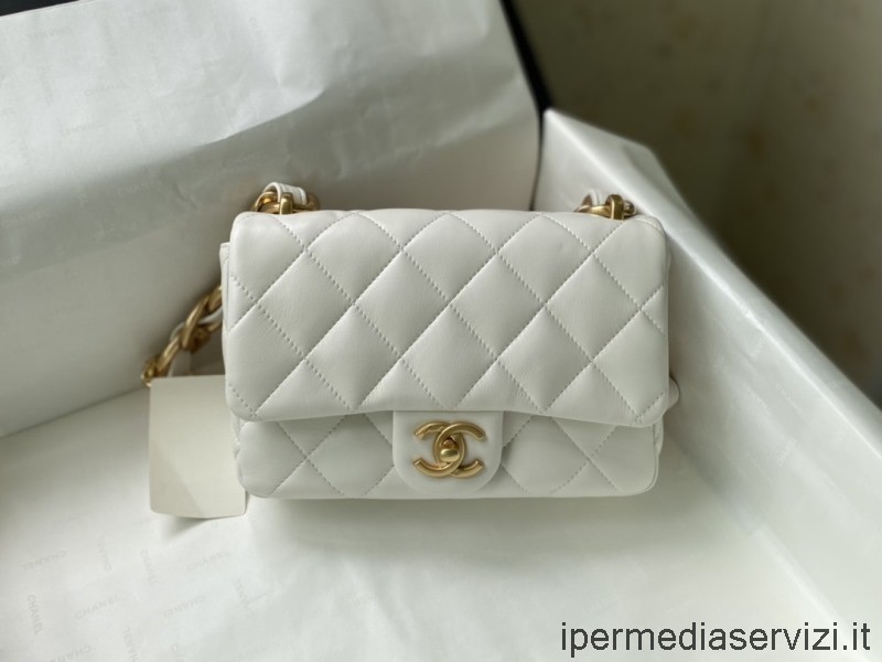 ρεπλίκα Chanel μικρό πτερύγιο τσάντα με αλυσίδα σε λευκό δέρμα αρνιού As3214 17x21x6cm