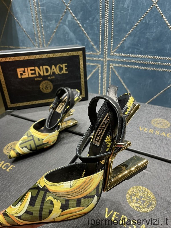 ρεπλίκα Fendi X Versace εμπριμέ εμπριμέ από μετάξι με ψηλοτάκουνα μπότες Slingbacks σε κίτρινο χρώμα 35 έως 42