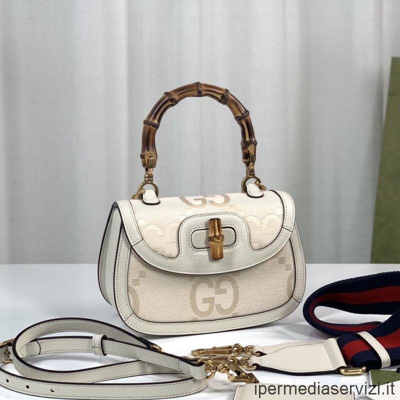ρεπλίκα Gucci Bamboo 1947 Jumbo Gg μικρή τσάντα με λαβή σε μπεζ και λευκό Gg Supreme Canvas 675797 21x15x7cm