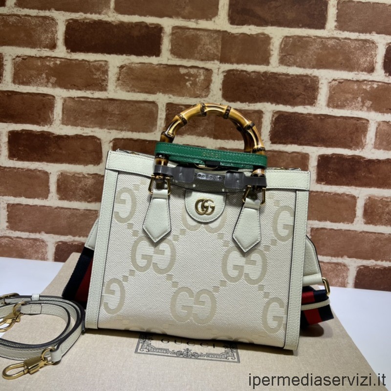 ρεπλίκα Gucci Diana μικρή Tote τσάντα ώμου σε μπεζ και λευκό καμβά Jumbo Gg και λευκό δέρμα 702721 27x24x11cm