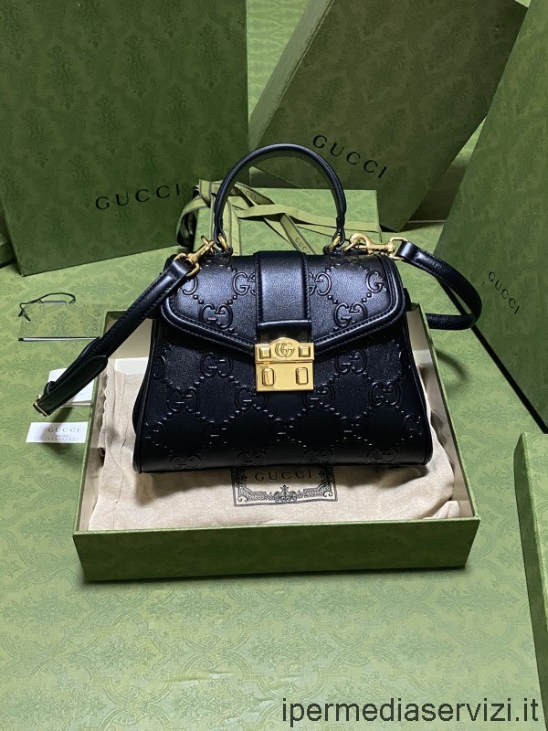 ρεπλίκα Gucci μικρό Gg Top Handle Bag σε μαύρο ανάγλυφο δέρμα Gg 675791 28x19x10cm