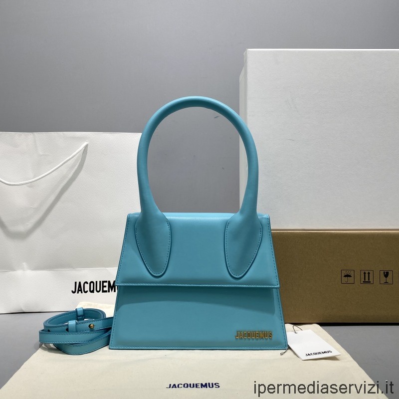ρεπλίκα Jacquemus Le Chiquito μεσαία τσάντα σε γαλάζιο δέρμα μοσχαριού 24x18x10cm